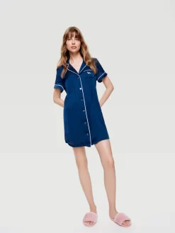 Navy Chic Satin Nightshirt -Pajama Shop 811117 navy back2 t scaled