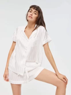 White Stripe Chic Satin Pj Set 8 White Stripe Chic Satin Pj Set -Pajama Shop 812454 white back2 t scaled