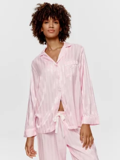 Long Pink Stripe Chic Satin Pj Set -Pajama Shop 813035 pink back3 t scaled