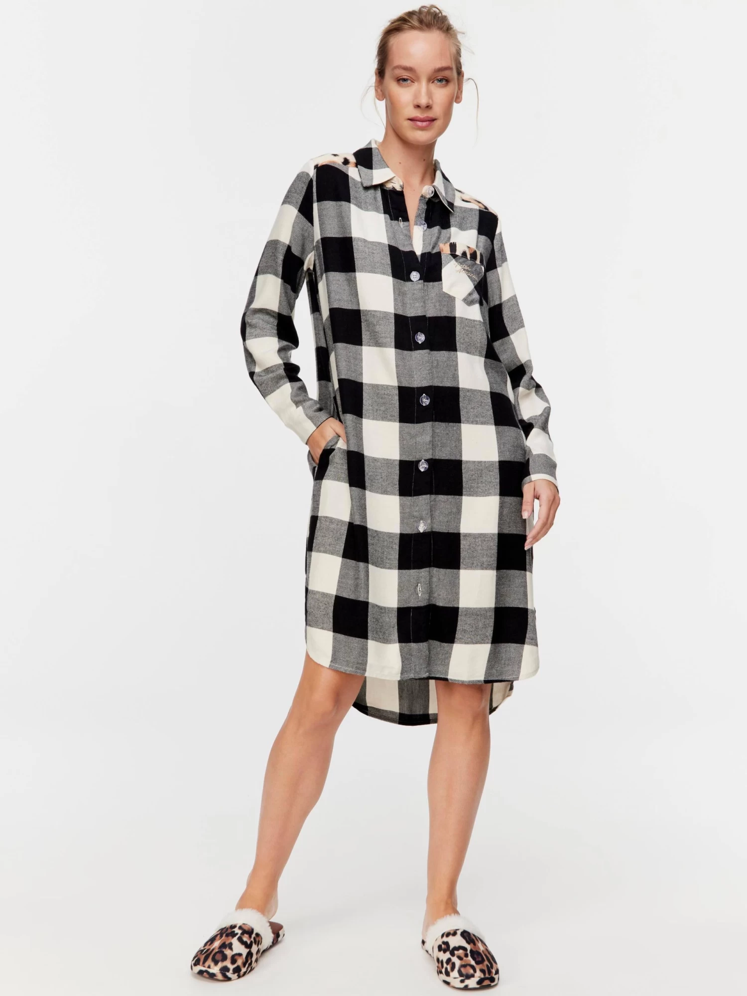 Leopard Trimmed Check Nightshirt 1 Leopard Trimmed Check Nightshirt
