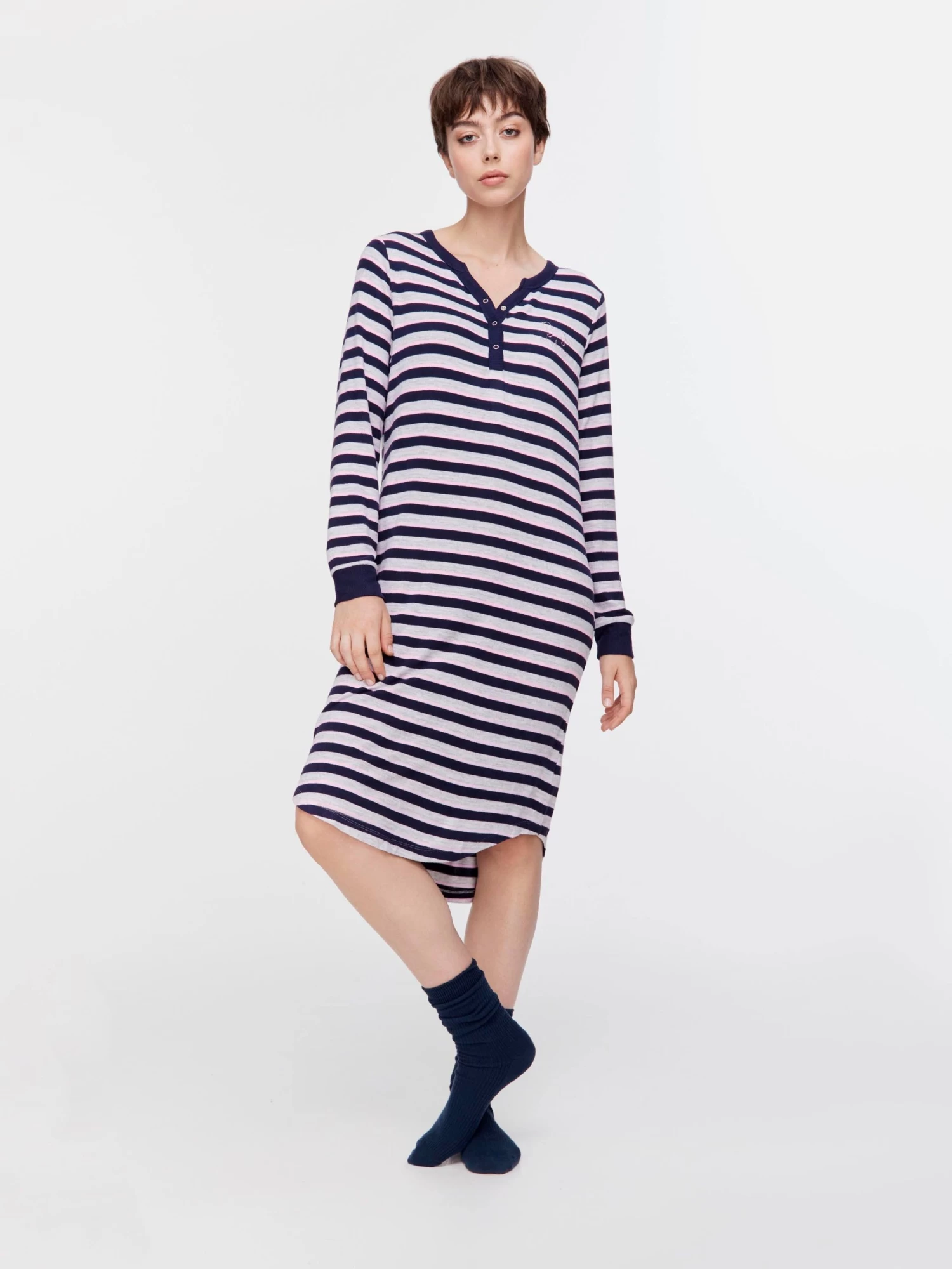 Henley Long Sleeve Stripe Fuzzy Nightie 2 Henley Long Sleeve Stripe Fuzzy Nightie - Image 2