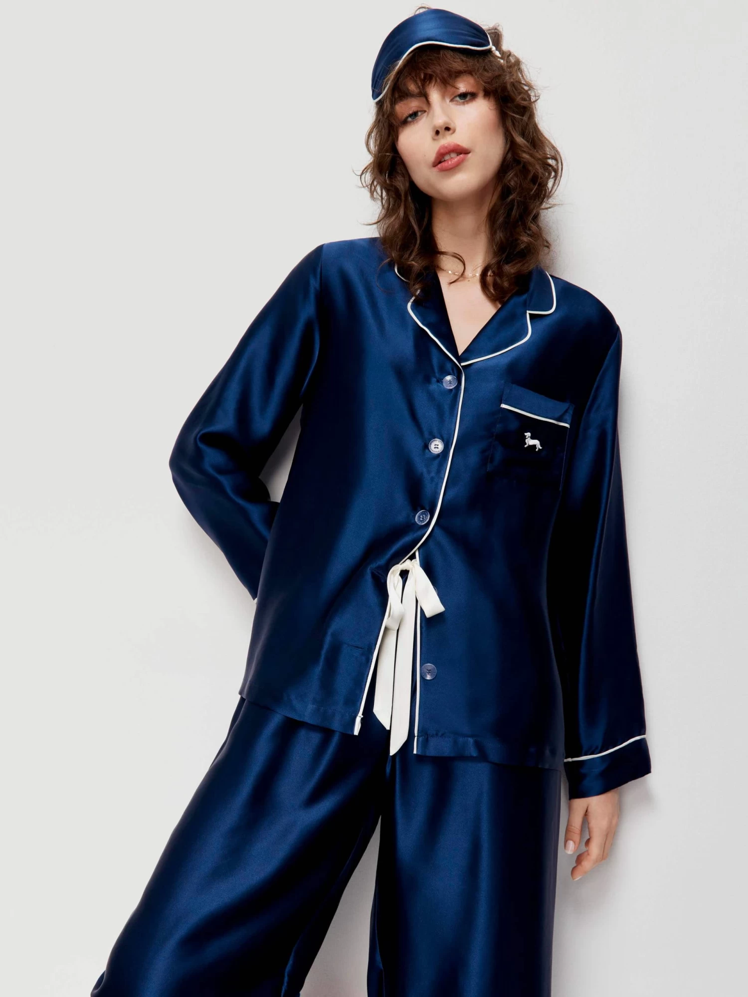 Navy Mulberry Silk Pj Set With Eye Mask 2 Navy Mulberry Silk Pj Set With Eye Mask - Image 2