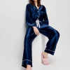 Navy Mulberry Silk Pj Set With Eye Mask
