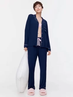 Navy Bamboo Rib Long Sleeve Pj Set