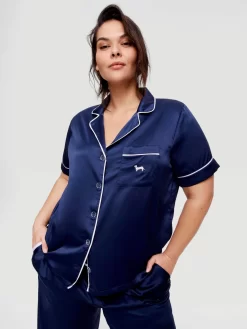 Plus Navy Tux Luxe Satin Short Sleeve Shirt