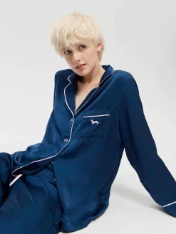 Long Navy Chic Satin Pj Set -Pajama Shop 819506 navy back2 t scaled