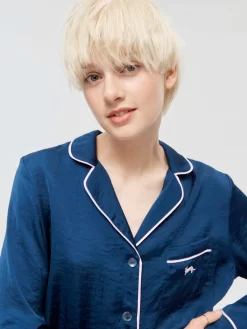 Long Navy Chic Satin Pj Set -Pajama Shop 819506 navy back3 t scaled