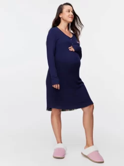 Maternity Fuzzy Long Sleeve Nightie -Pajama Shop 850749 navy back2 t scaled